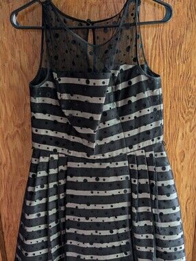 Eliza J Black and Gray Striped Dress With Polka Dot Overlay